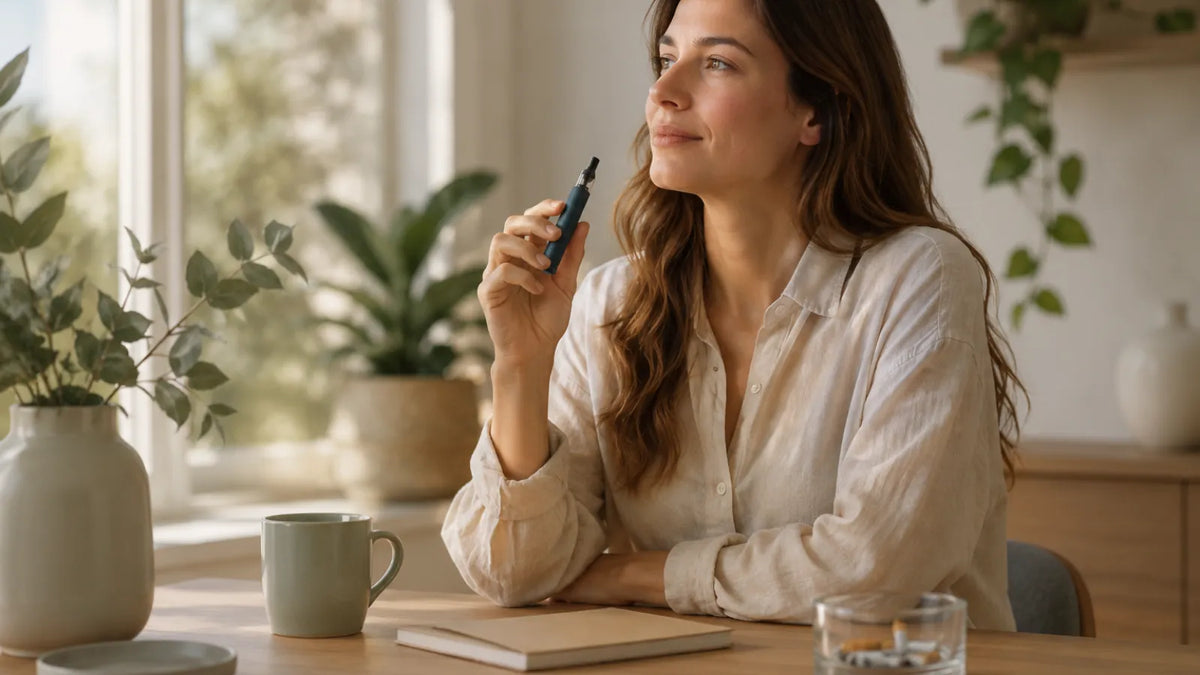 Femme utilisant une cigarette électronique pour arrêter de fumer
