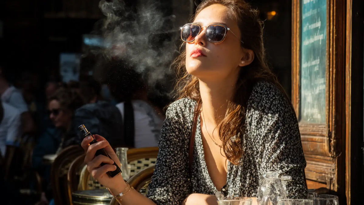 Une femme au soleil à une table de café avec une cigarette électronique dans la main et de la vapeur