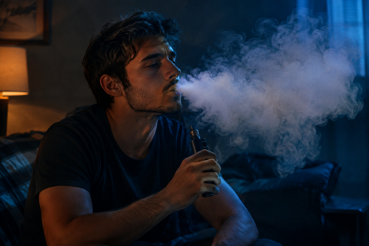 Homme utilisant une cigarette électronique et expirant un épais nuage de vapeur dans une pièce sombre