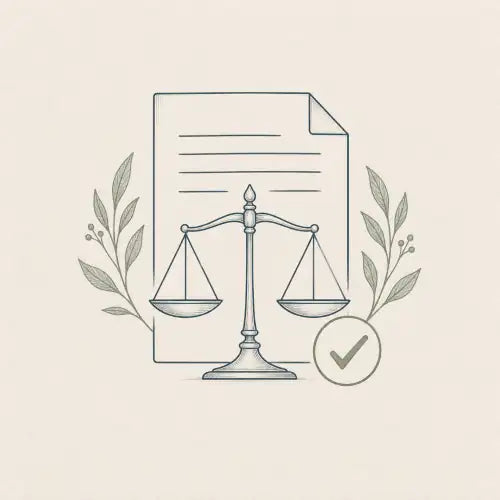 Dessin d'une page avec une balance et un sigle de conformité