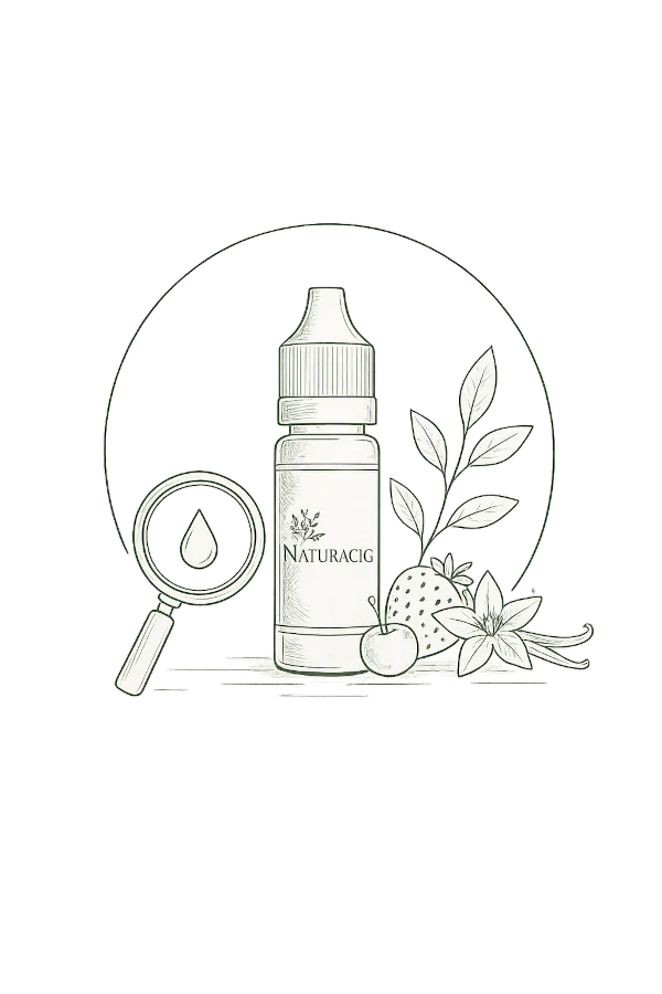 Flacon d’e-liquide avec une loupe et des ingrédients végétaux
