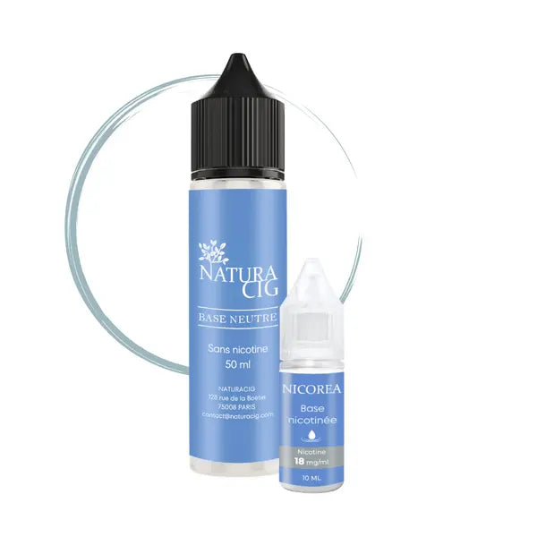 Flacon d’e-liquide naturel Base Neutre Sans Alcool 50 ml sans nicotine accompagné d’un booster pour obtenir 3 mg/ml