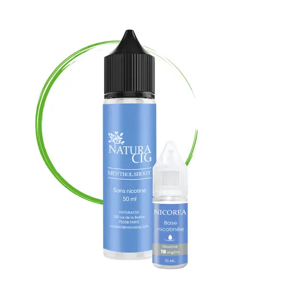 Flacon d’e-liquide naturel Menthol Shoot 50 ml sans nicotine accompagné d’un booster pour obtenir 3 mg/ml