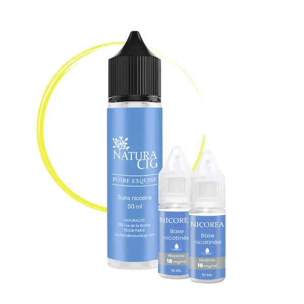 Flacon d’e-liquide naturel Poire Exquise 50 ml sans nicotine accompagné de deux boosters pour obtenir 5 mg/ml