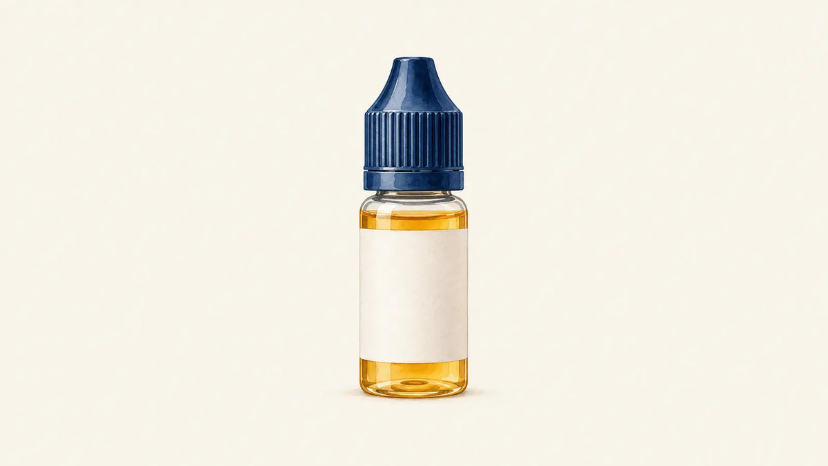 Illustration d’un flacon d’e liquide au bouchon bleu et à l’étiquette vierge
