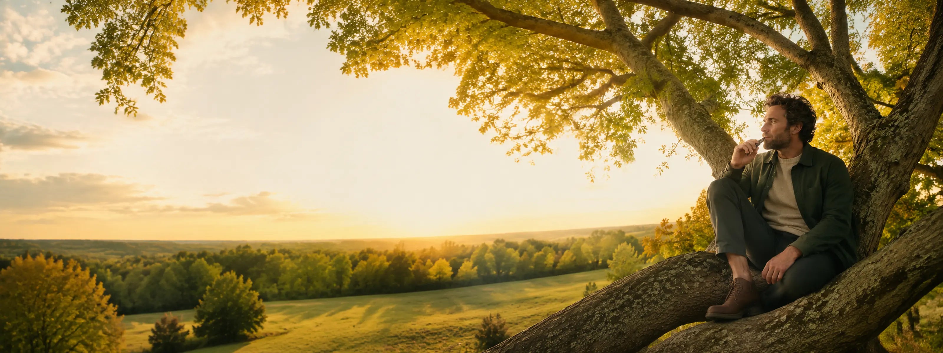 Homme vapotant avec une cigarette électronique, assis sur une branche en automne au coucher du soleil