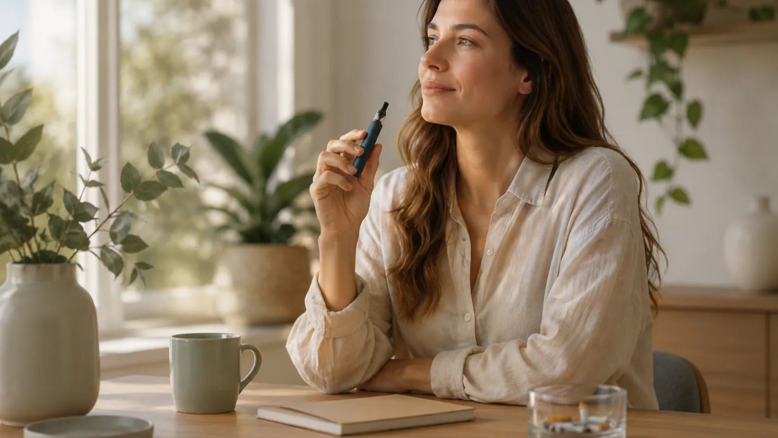 Femme utilisant une cigarette électronique pour arrêter de fumer