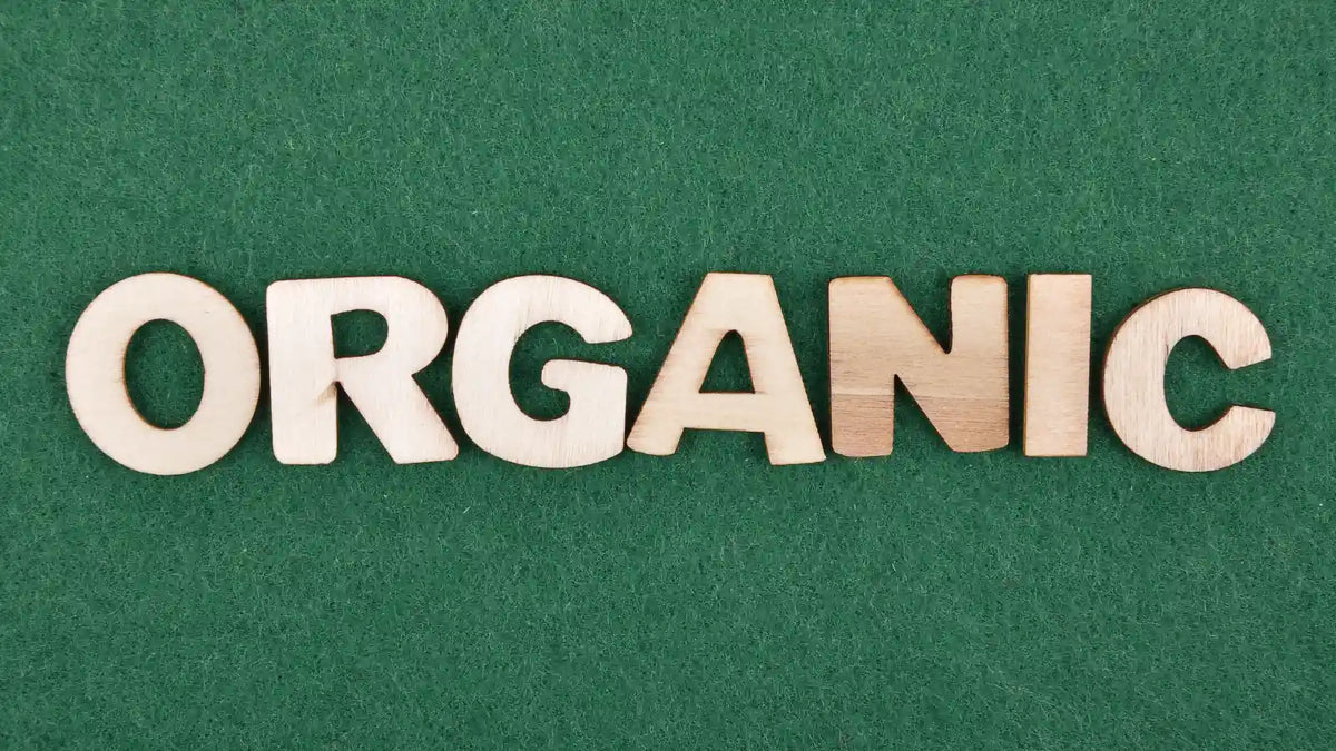 Lettres en bois formant le mot « organic » (bio) sur fond de feutrine verte