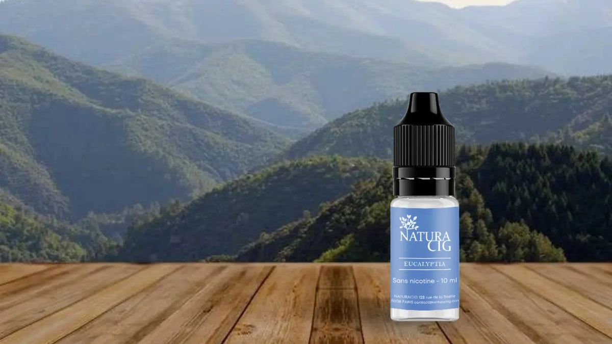 Un flacon de e-liquide posé sur une terrasse avec une vue sur des collines