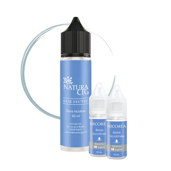 Flacon d’e-liquide naturel Base Neutre Sans Alcool 50 ml sans nicotine accompagné de deux boosters pour obtenir 5 mg/ml