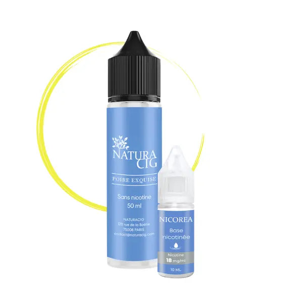 Flacon d’e-liquide naturel Poire Exquise 50 ml sans nicotine accompagné d’un booster pour obtenir 3 mg/ml