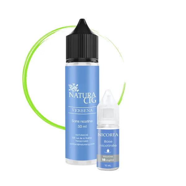 Flacon d’e-liquide naturel Verbena 50 ml sans nicotine accompagné d’un booster pour obtenir 3 mg/ml