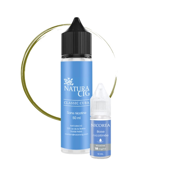 E-liquide naturel Classic Cuba 50 ml au goût de tabac brun avec un booster de nicotine pour obtenir 3 mg/ml