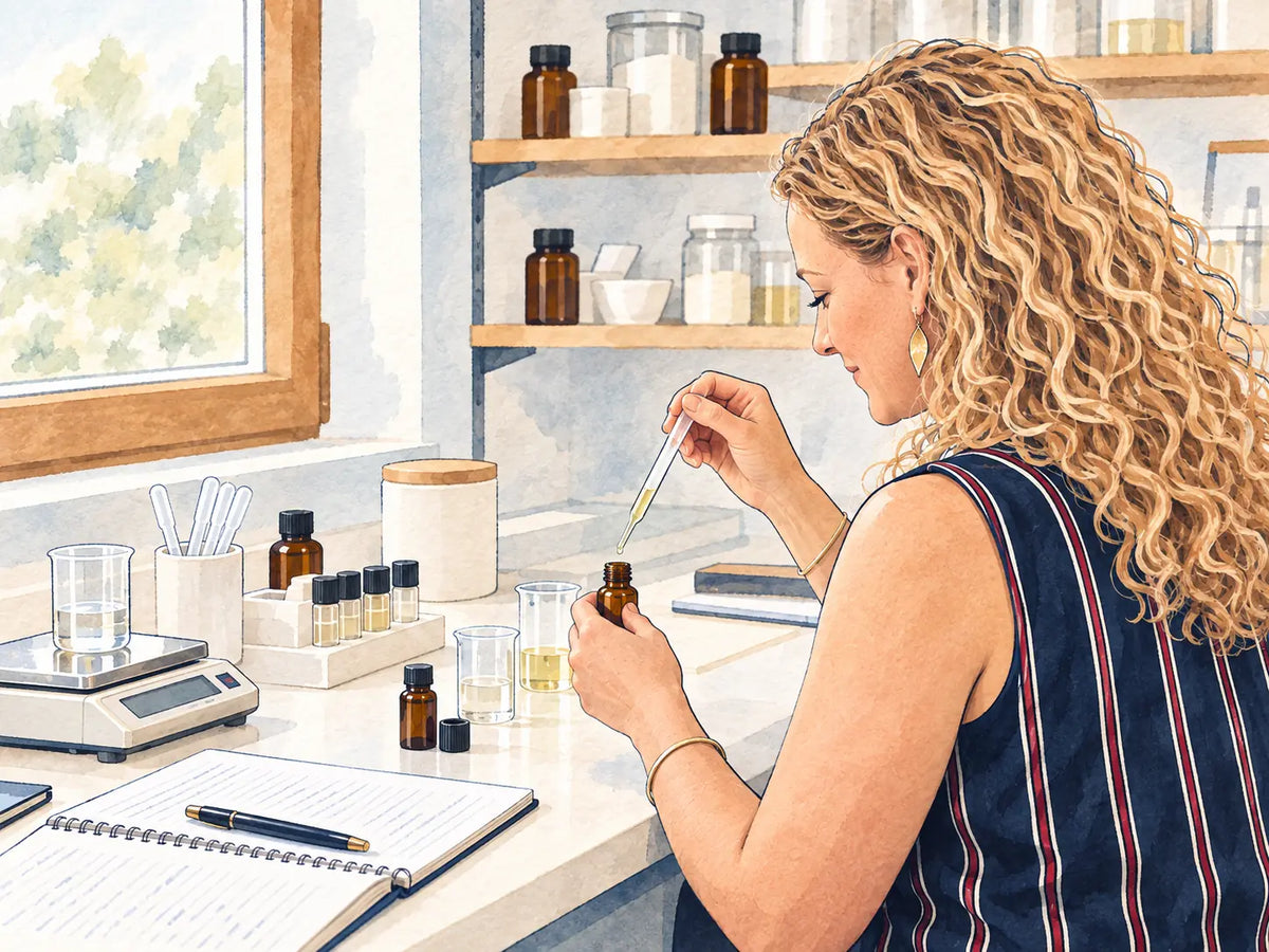 Illustration de Mylène Pillot préparant des échantillons sur une paillasse de formulation