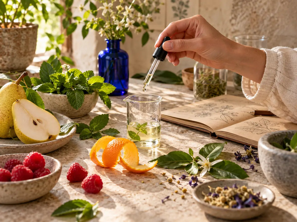 Main préparant une formulation avec des arômes naturels, des fruits et des plantes