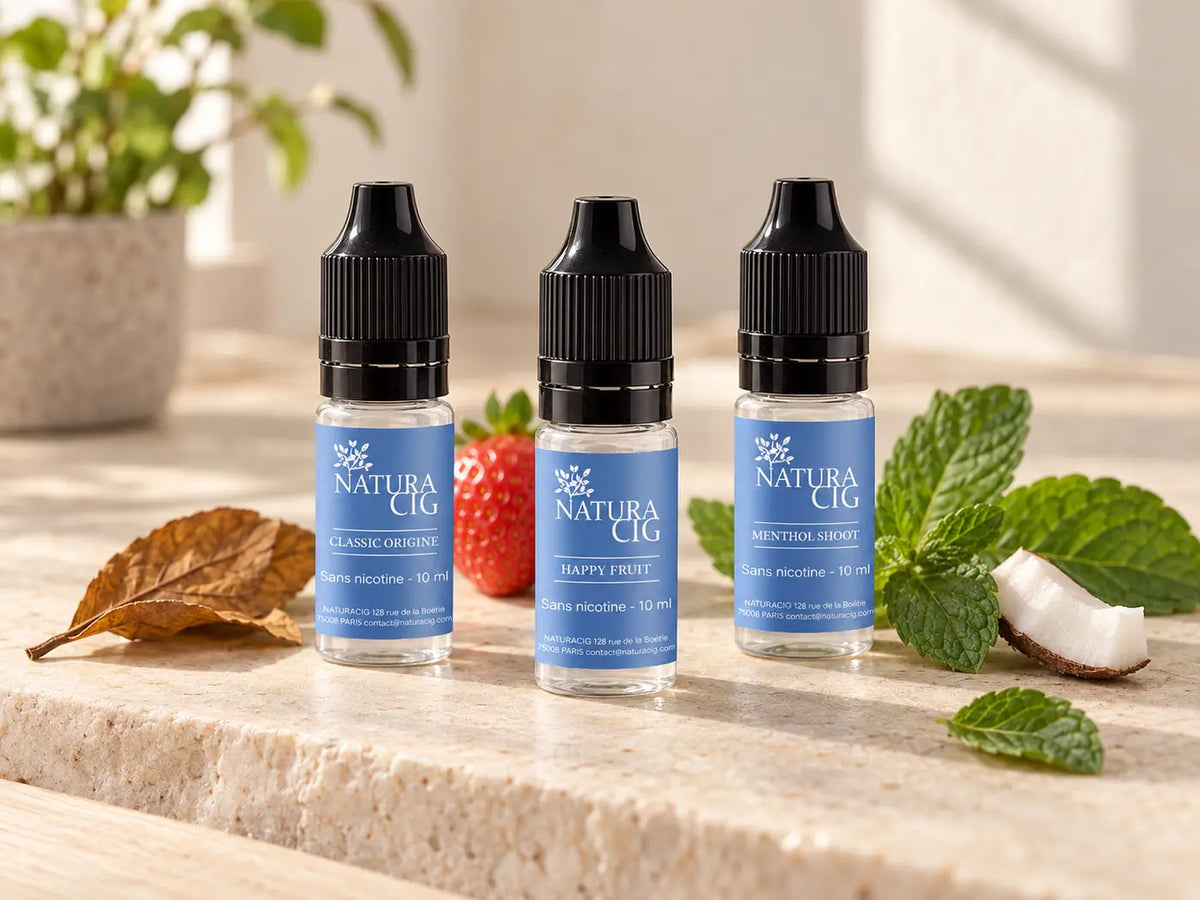 Trois flacons d’e liquide bio Naturacig sans nicotine : Classic Origine, Happy Fruit et Menthol Shoot