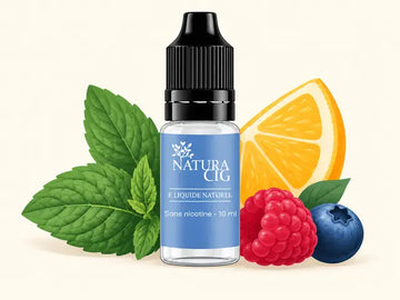 Flacon Naturacig entouré de feuilles et de fruits pour choisir son e liquide
