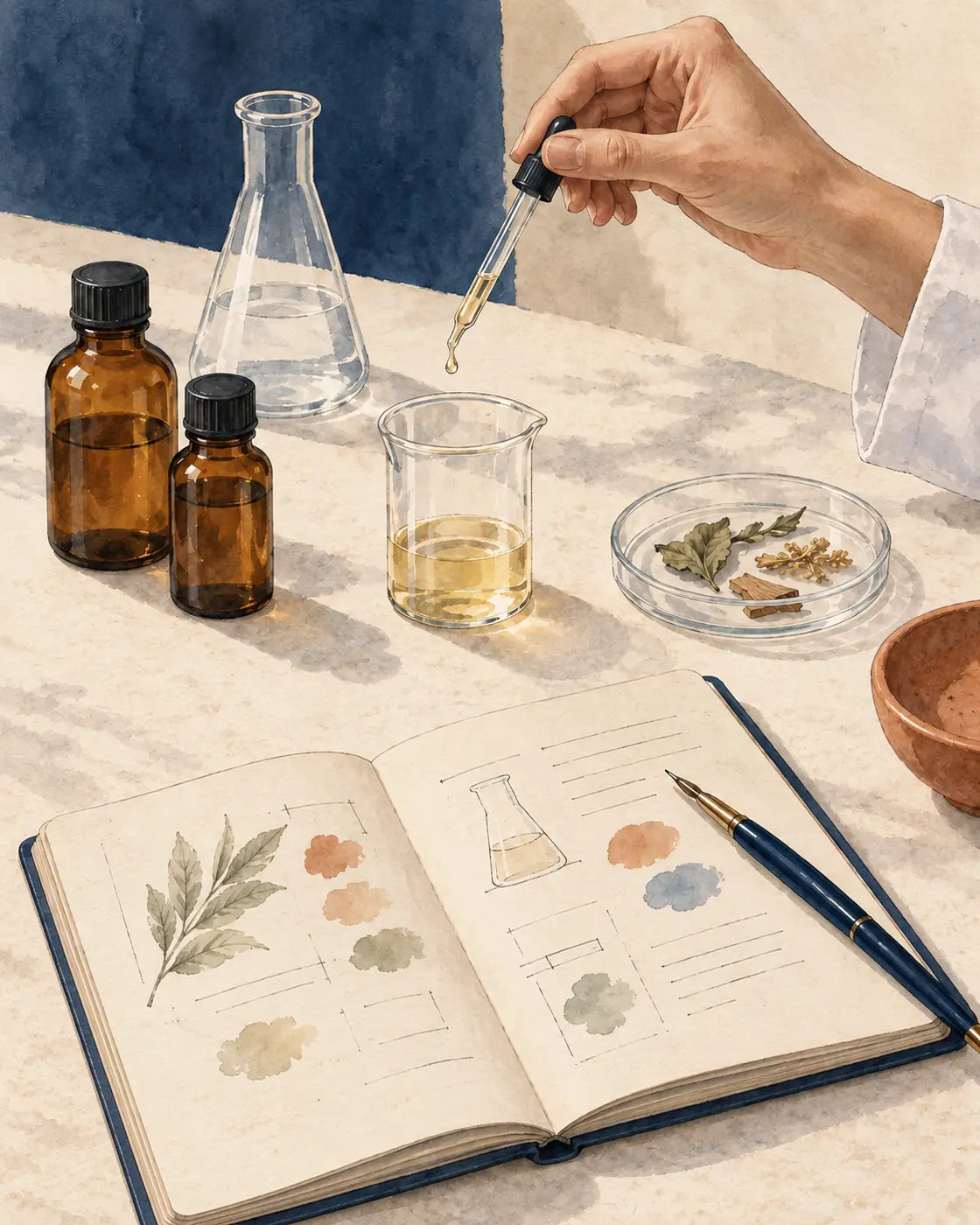 Main utilisant une pipette lors des essais de formulation des premiers e liquides Naturacig